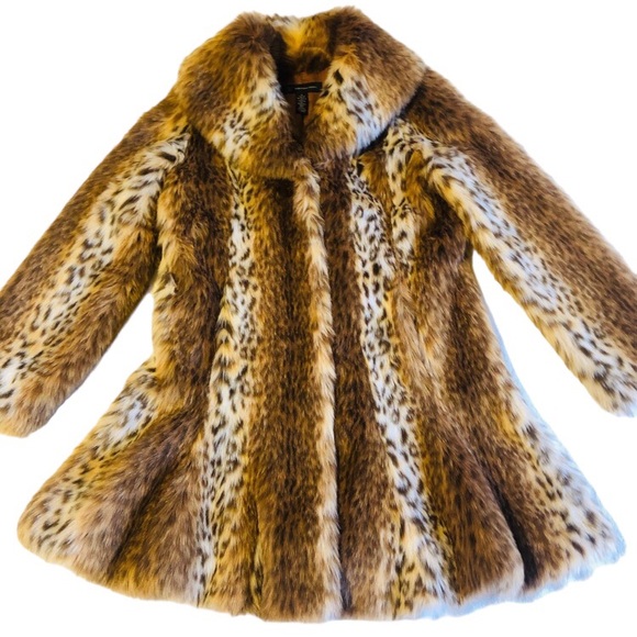 INC Leopard Faux Fur Collared Coat Flare Hem Pockets - Picture 3 of 10